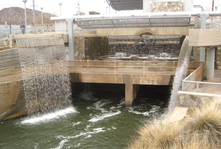 The Arizona Falls canal art installation, showing all four waterfalls