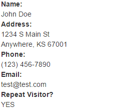 Mockup showing data for Name, Address, Phone, Email, and Repeat Visitor