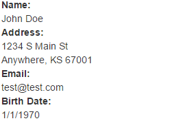 Mockup showing data for Name, Address, Email, and Birth Date