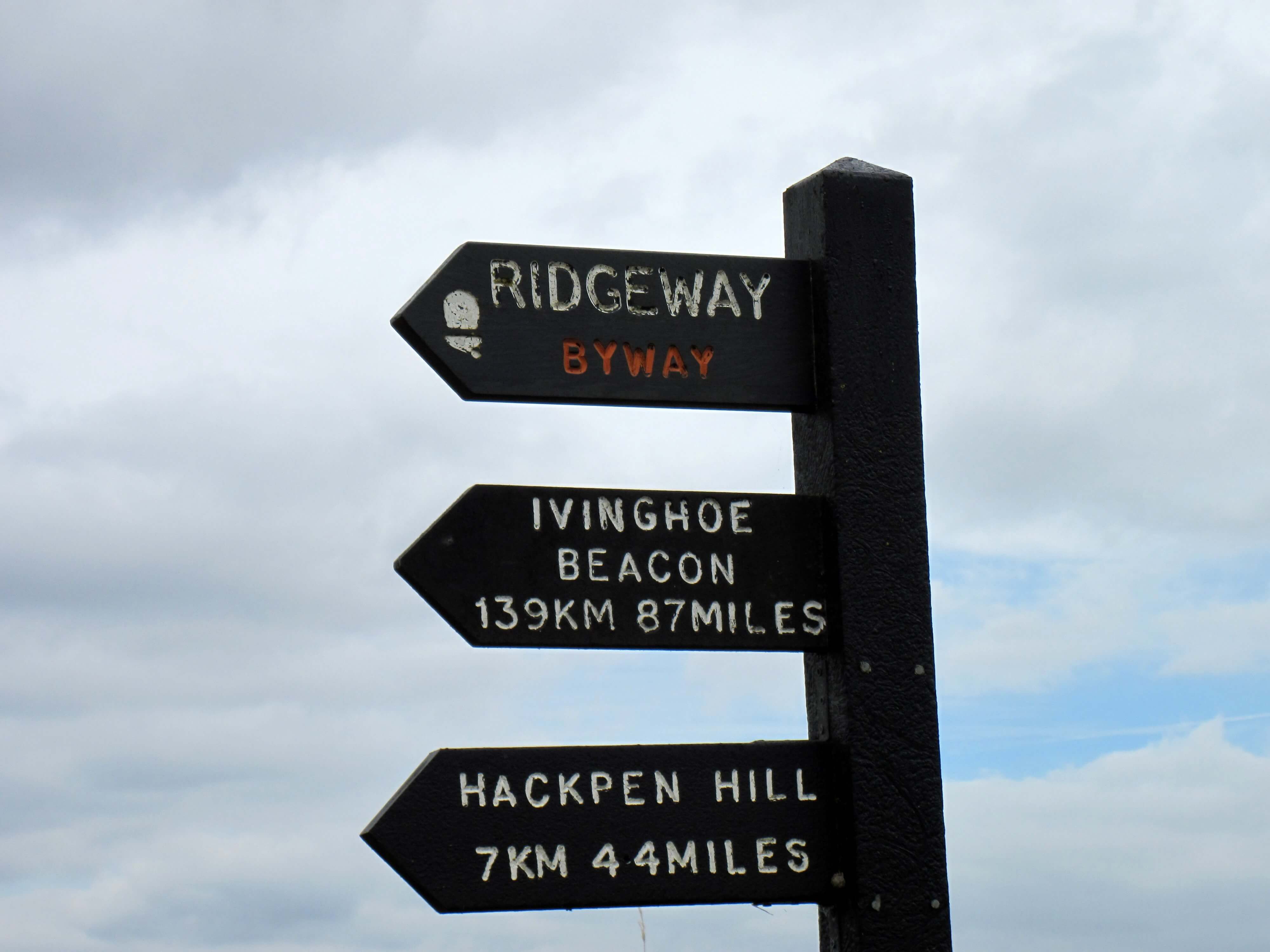 A signpost showing the stops along the Ridgeway National Trail in England