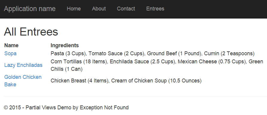 The Entrees/Index page, showing all three Entrees and the partial call to Ingredients.cshtml