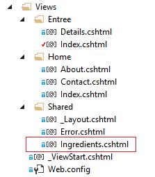 A snapshot of the Views/Shared folder, showing that the Ingredients.cshtml file exists there