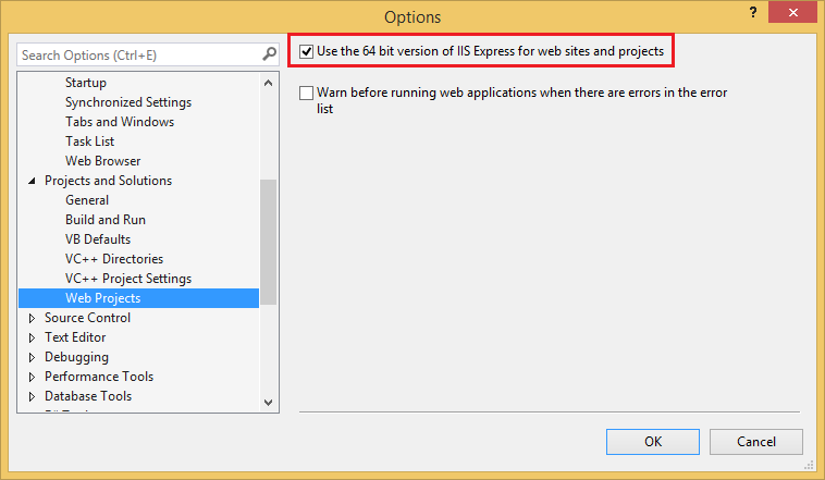 The Web Projects dialog, showing the "64-bit version of IIS Express" checkbox