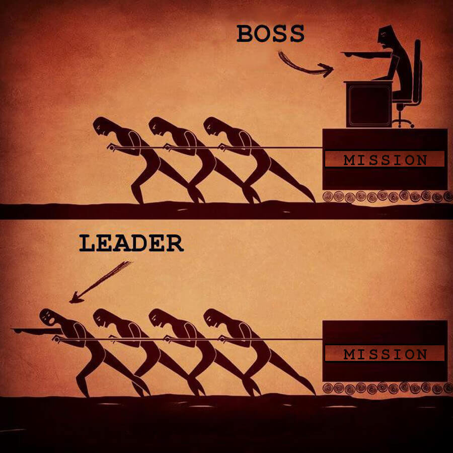 A diagram, showing a "boss" that simply commands, and a "leader" that does what he is asking of his teammates