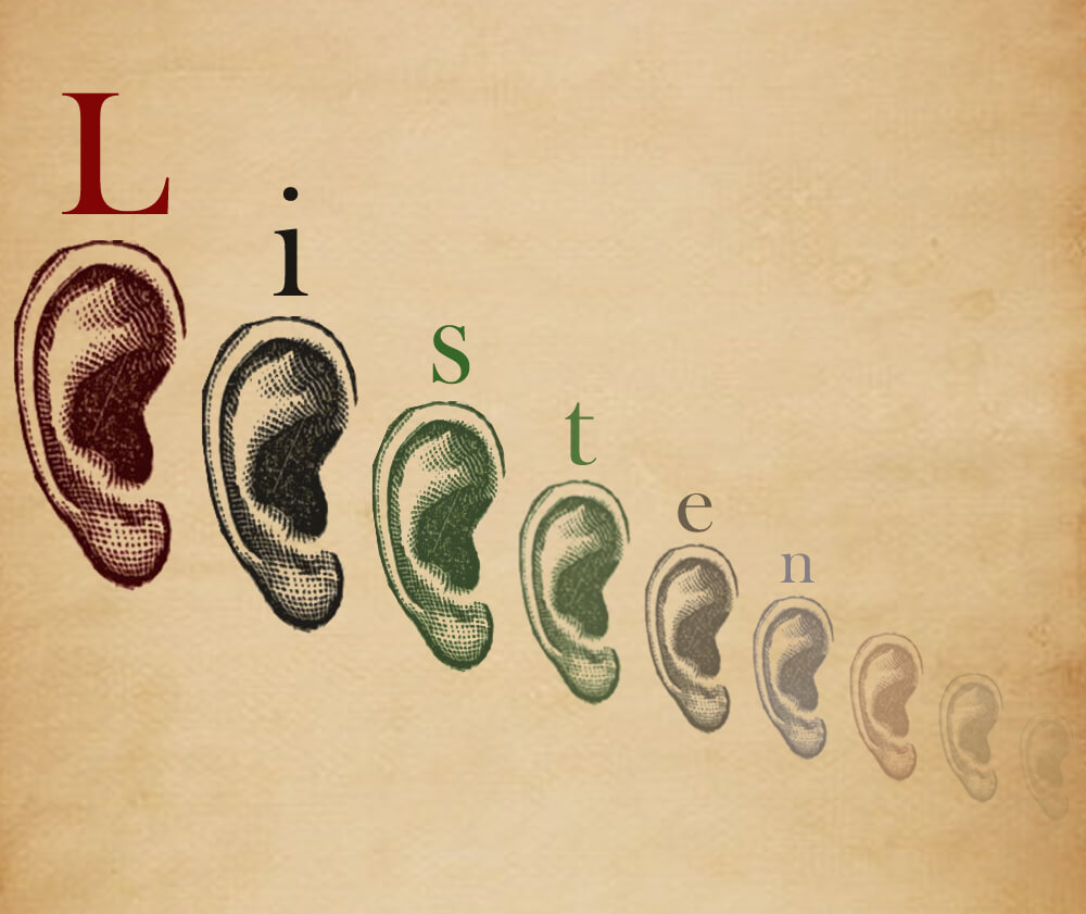 A drawing of differently-colored ears, above each of which is a letter in the word "listen"