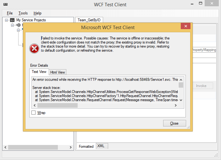An error message from WCFTestClient, saying a generic error occurred.