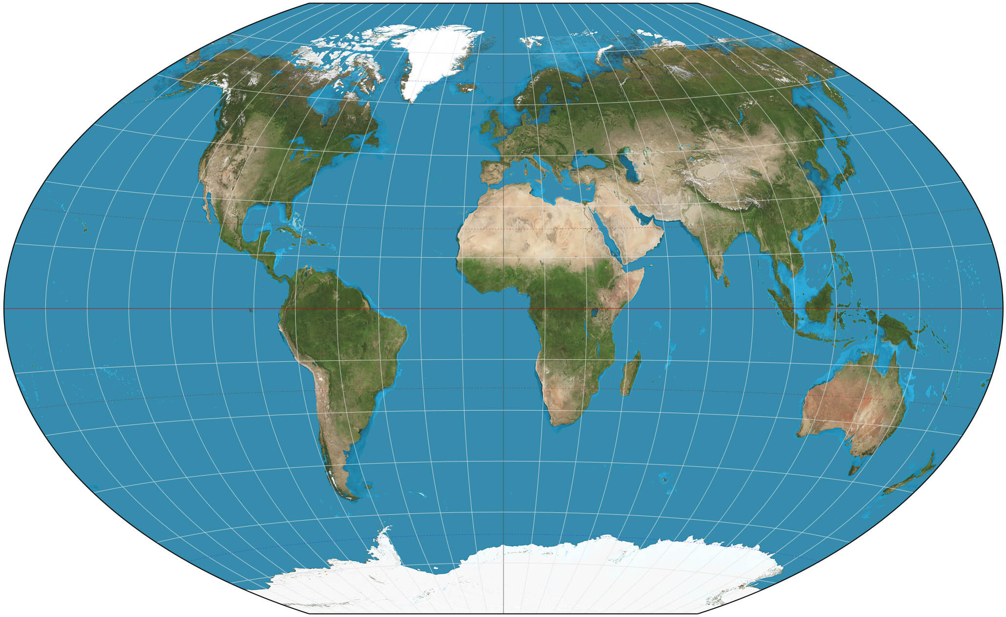 A projection of the world, showing continents and oceans
