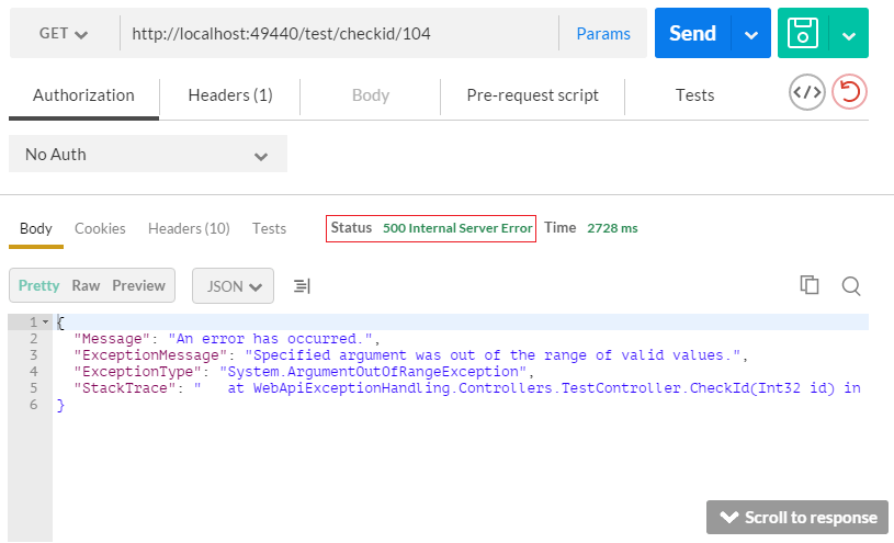 A Postman response from CheckId, showing a status code 500 - Internal Server Error