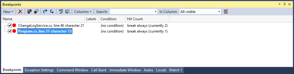 The Breakpoints window, showing two breakpoints, including one that is currently active