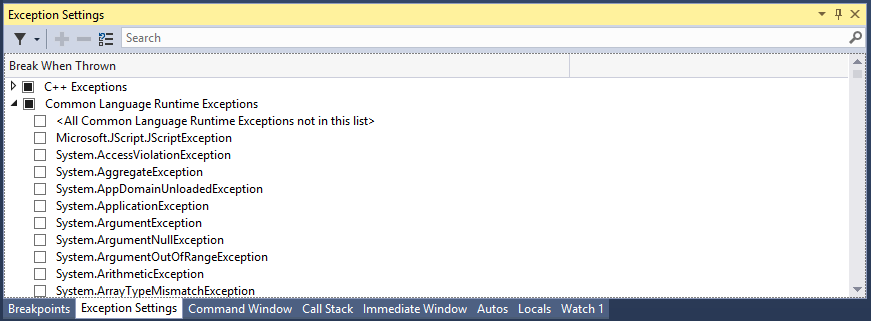 The Exception Settings window, showing a list of Common-Language Runtime exceptions.