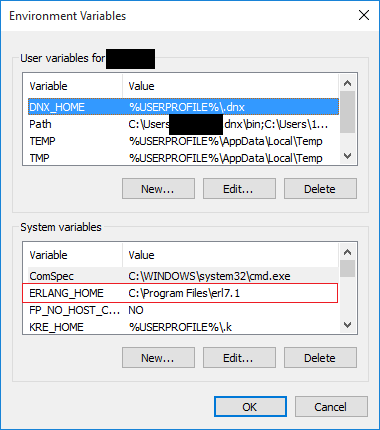 A screenshot of the Environment Variables dialog, showing the new ERLANG_HOME environment variable set to the path where Erlang exists.