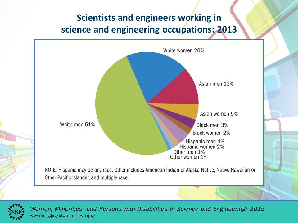 A pie chart of diversity in science and engineering jobs in 2013, showing White Men taking 51% of the chart.
