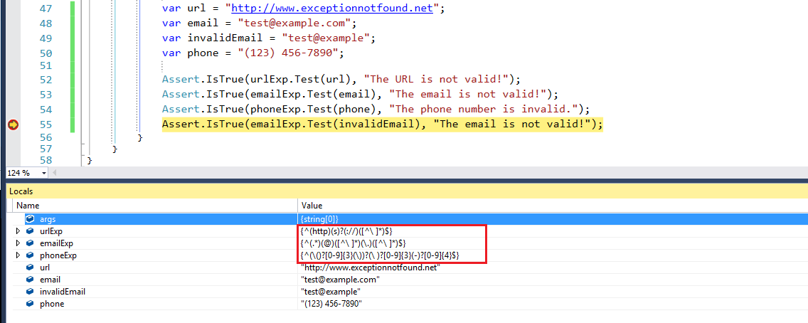 Screenshot of Visual Studio during debugging, showing that the generated regular expressions appear for the VerbalExpressions instances