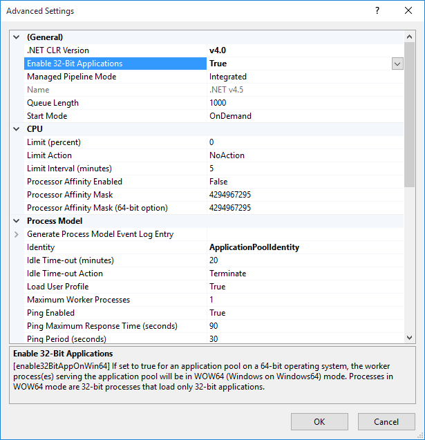 A screenshot of an app pool's settings dialog in IIS, with "Enable 32-bit Applications" selected