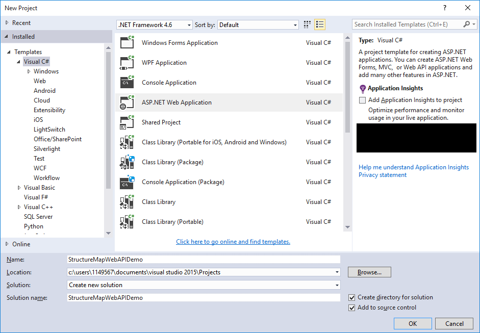 A screenshot of the Visual Studio New Project window.