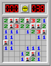A completed game of Minesweeper, showing all mines flagged