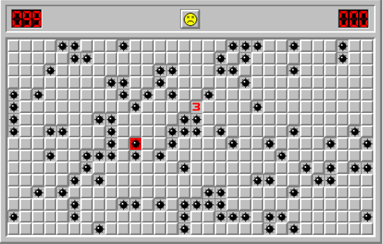 A screenshot of Minesweeper, showing that the user's second click revealed a mine.