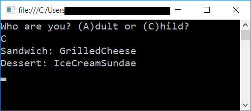 A screenshot of the running app, showing the Child selections of Grilled Cheese and Ice Cream Sundae