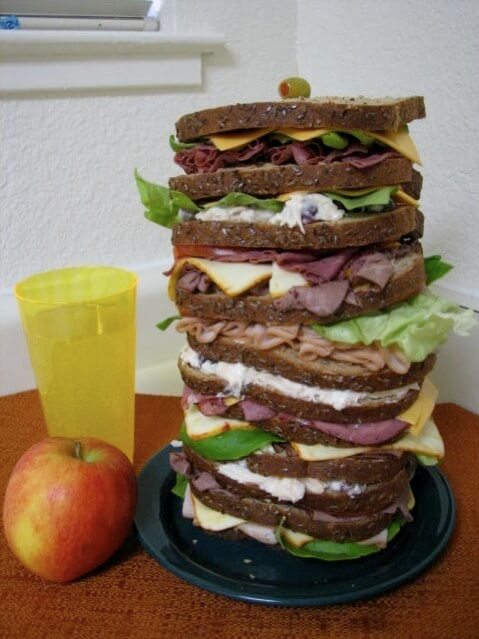 A "Dagwood" sandwich, consisting of 9 individual layers of fillings