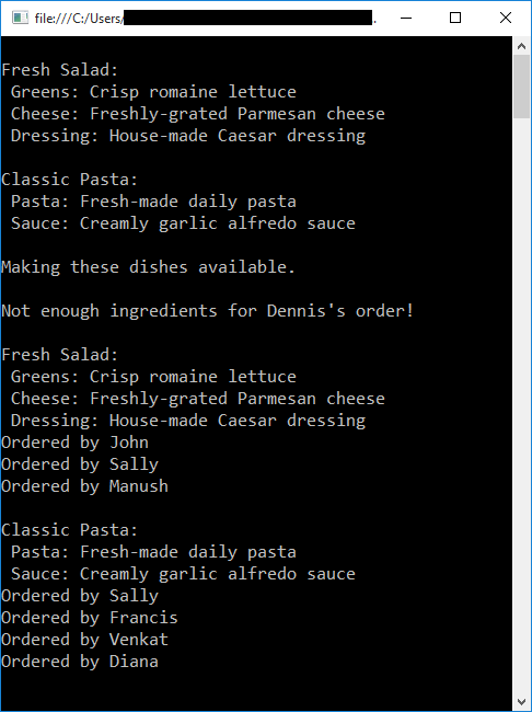 A screenshot of the sample app in action, showing two dishes ordered, one of which was ordered too many times.