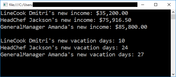 A screenshot of the demo application, showing the increase in both salary and paid time off for the three employees defined.