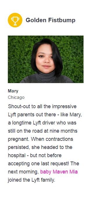 An ad from Lyft, which tells the story of Mary and how, while nine months pregnant, she was still driving people around, even while having contractions.