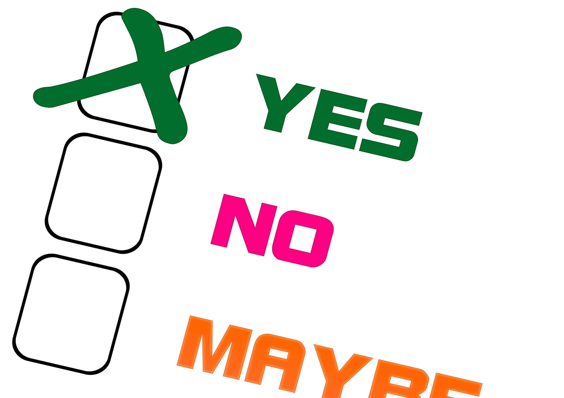 A questionnaire with "Yes" "No" and "Maybe" answers, where the "Yes" answer has an X in the box.