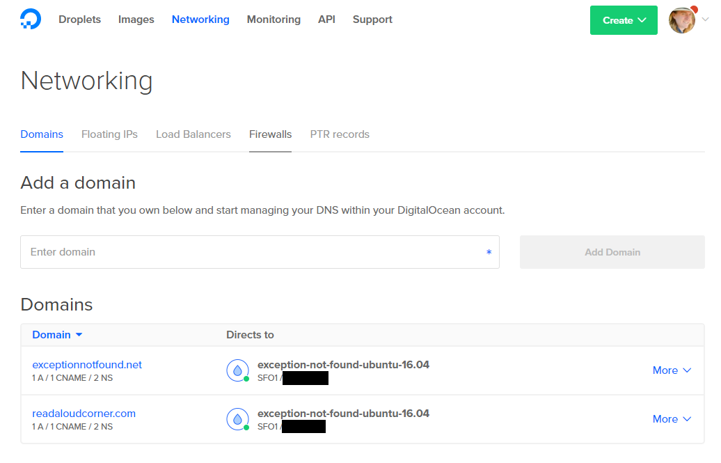A screenshot of my DigitalOcean control panel, showing my two domains exceptionnotfound.net and readaloudcorner.com