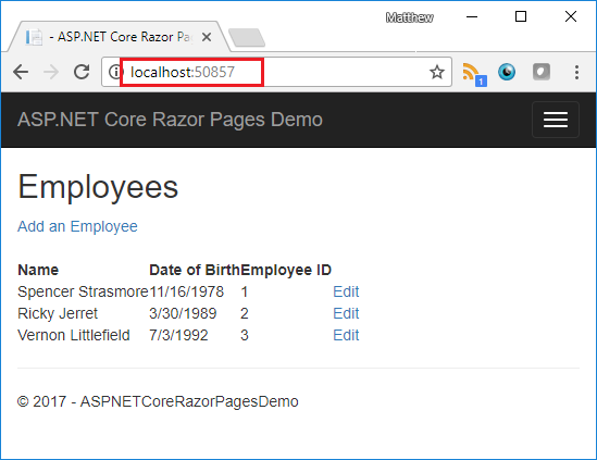 A screenshot of a browser, showing that the URL http://localhost:50857 now shows the /Pages/Employees/Index page