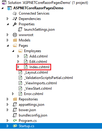A screenshot of my sample project, showing the new /Pages/Employees folder and its pages, with the Index page highlighted