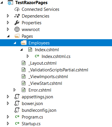 A screenshot of the project's folder structure, showing the newly-added Index.cshtml and Index.cshtml.cs files