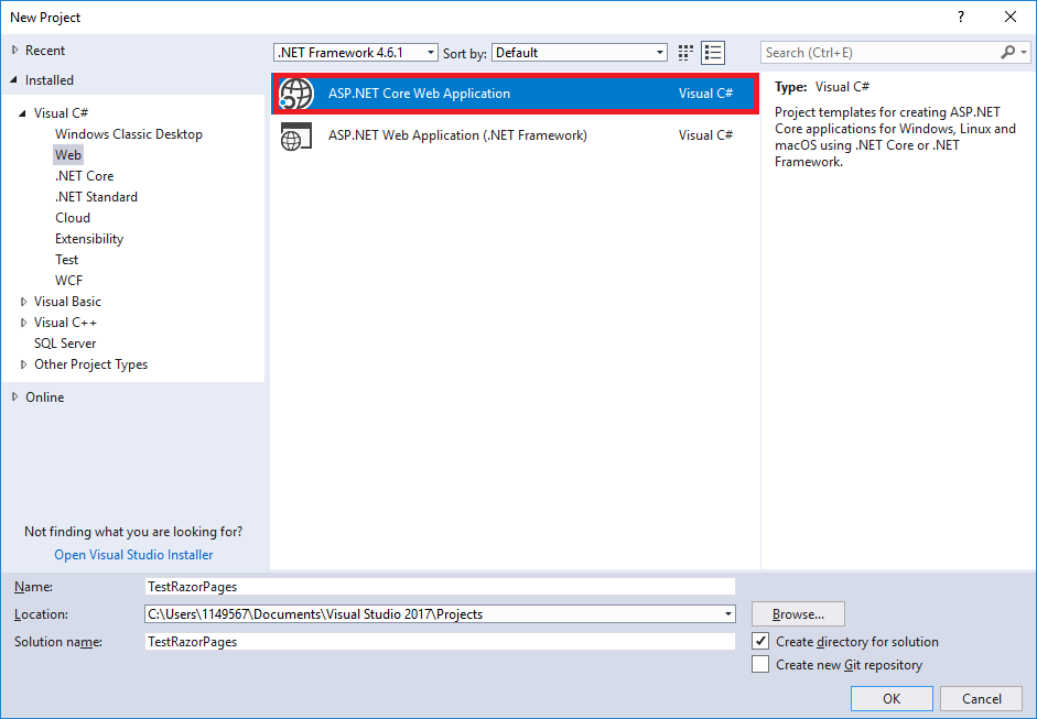 A screenshot of the Visual Studio new project window, highlighting the ASP.NET Core Web Application item