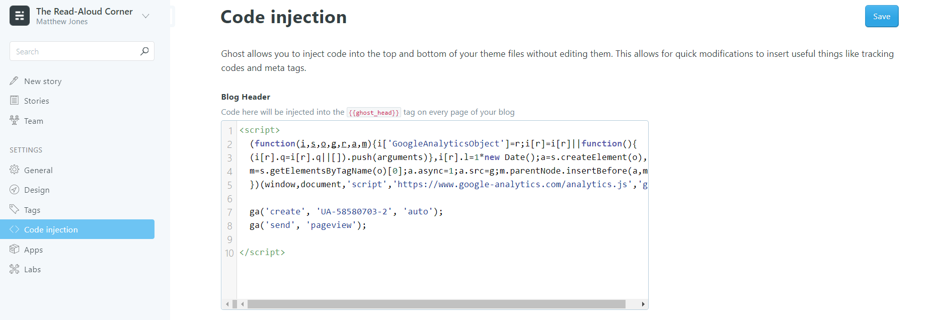 A screenshot of the Read-Aloud Corner's Code Injection tab, showing the Google Analytics script being injected into the header on every page of that site.