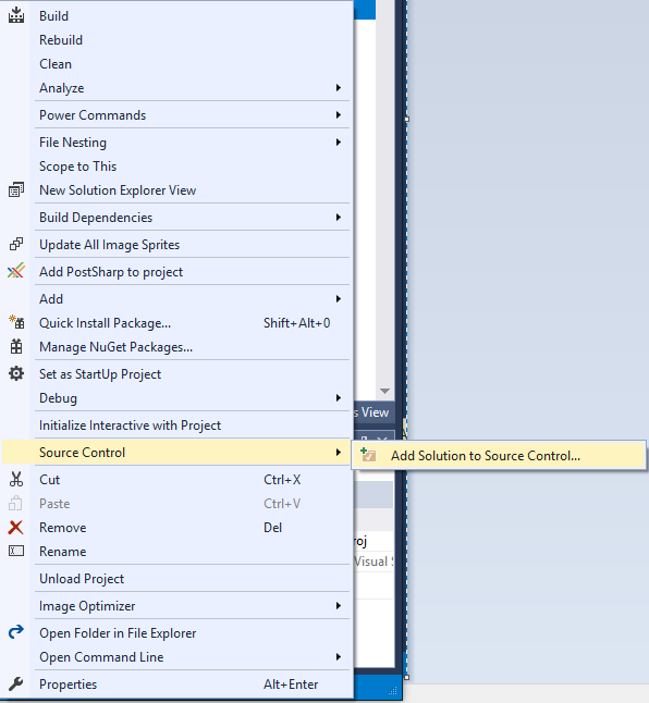 A screenshot of the right-click context menu for my new project, showing the Add Solution to Source Control option