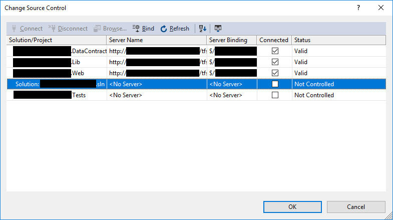 A screenshot of the Change Source Control dialog, showing my unbound solution file and the Bind button.