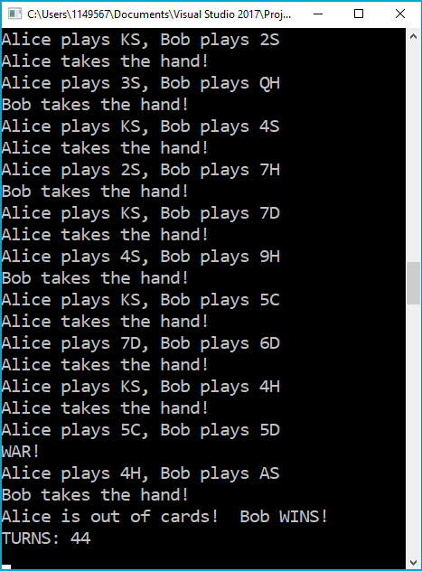 Command-line output from a single run of our project, showing Bob as the winner.