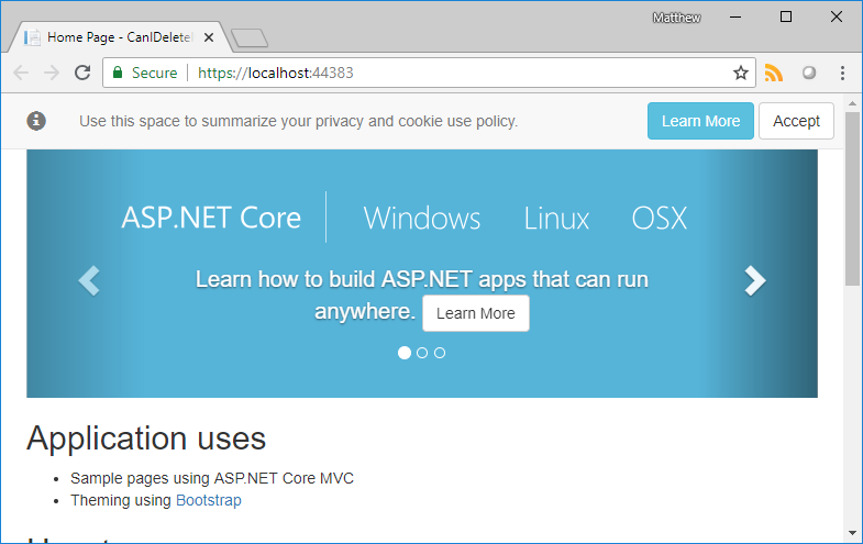 The main page, showing a banner which reads "Learn how to build ASP.NET apps that can run anywhere"