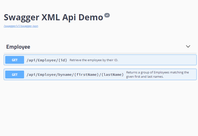 A screenshot of the Swagger UI, showing the two methods in our EmployeeController