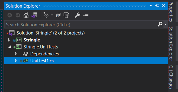 Visual Studio "Solution Explorer" showing a new file "UnitTest1.cs"