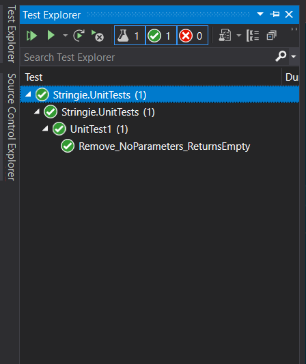 Visual Studio "Test Explorer" showing a passing test